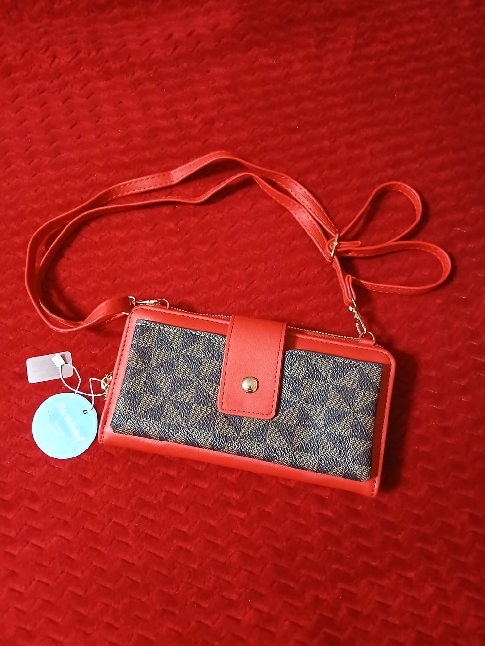 Red Pattern-Panel Crossbody Wallet with Adjustable Strap